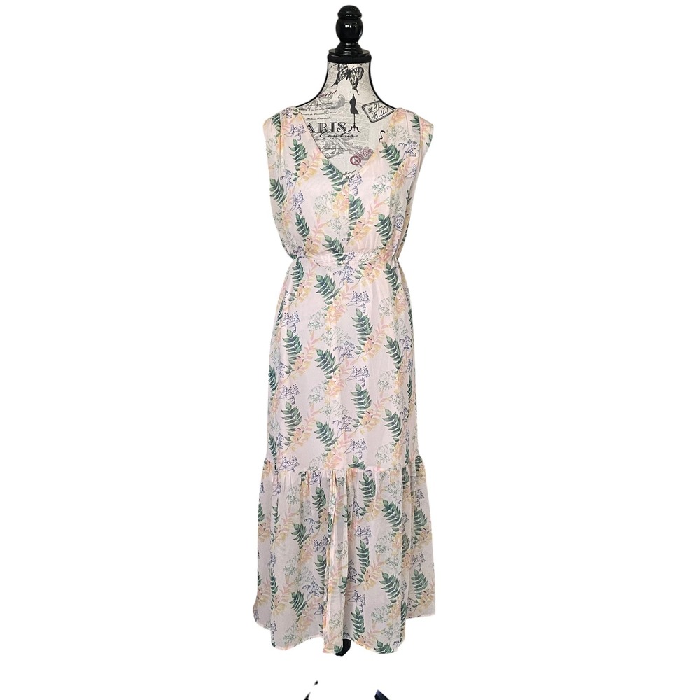 Mello Day Maxi Dress Womens XL Pink Tropical Leaf Print V-Neck Tiered Romantic